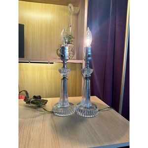 Vintage Crystal Candlestick Lamps Pair Fluted Glass Table Lights Set of 2